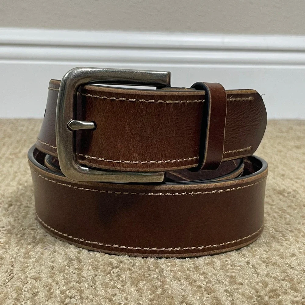Lucky Brand Leather Belt Mens 42 Brown BKM00008‎ Contrast Stitch Rugged Casual
